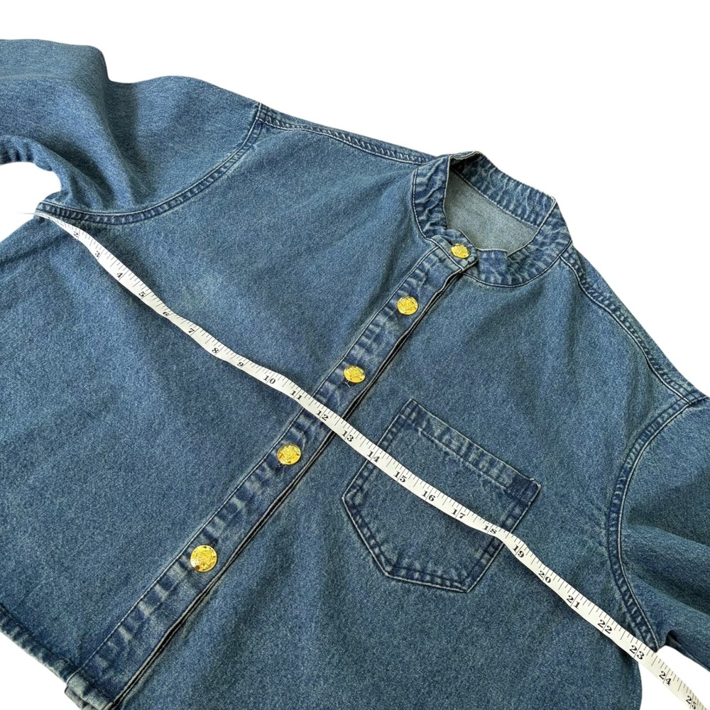 Vintage Style Cropped Boxy Denim Jacket Blue Band Collar L Streetwear Minimalist - Picture 11 of 11